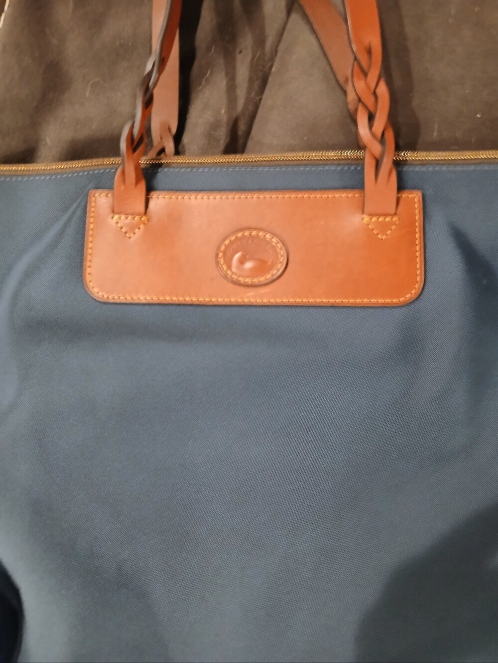 Dooney & Bourke Navy Tote with Braided Tan Leather Handles